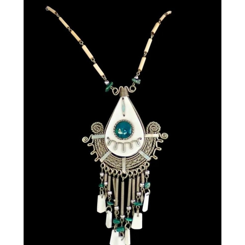 Southwestern Silver Tone Necklace Faux Turquoise Beaded Statement Necklace 23"